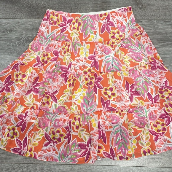 NWOT Chaps Coral Pink Yellow Floral Lined Tiered Chiffon Midi Skirt MP - Picture 11 of 14